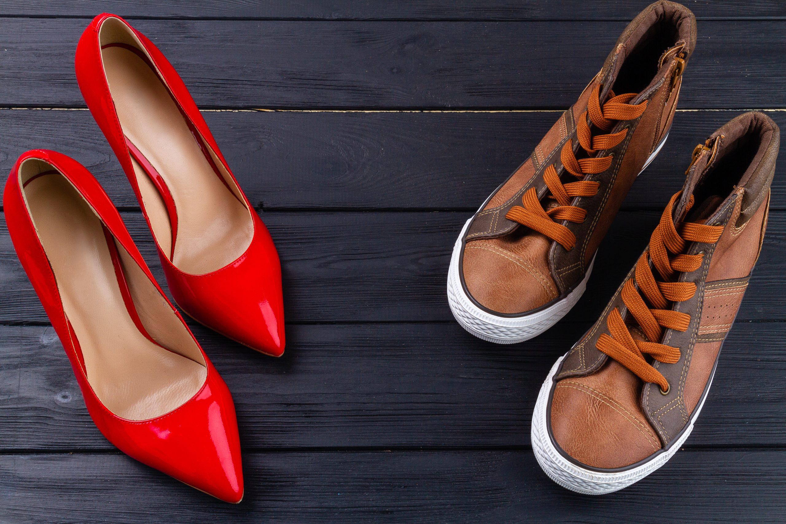 Red womens shoes, brown mens hightop leather sneakers